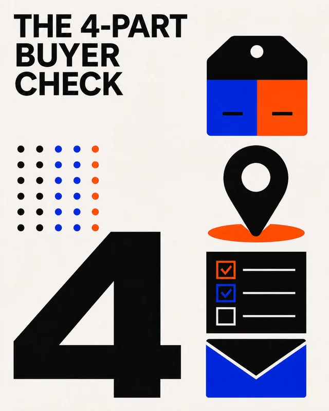 LinkedIn graphic reading “THE 4-PART BUYER CHECK” over a column of graphic icons next to a giant number four