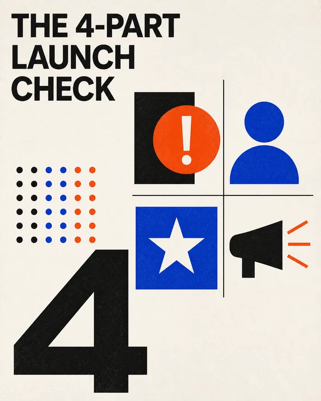 LinkedIn graphic reading “THE 4-PART
LAUNCH
CHECK” over a four-quadrant geometric icon grid with a large numeral four