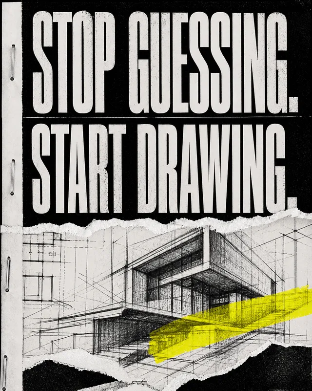 LinkedIn graphic reading “STOP GUESSING. START DRAWING.” over an architectural perspective sketch of a modern building