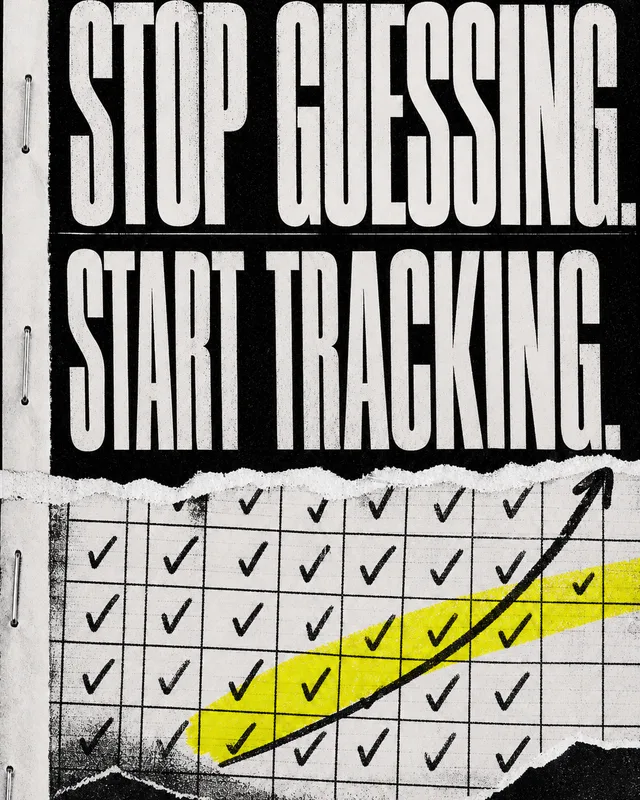 LinkedIn graphic reading “STOP GUESSING.
START TRACKING.” over a torn grid sheet filled with checkmarks and an upward trending arrow with a yellow highlighter stroke