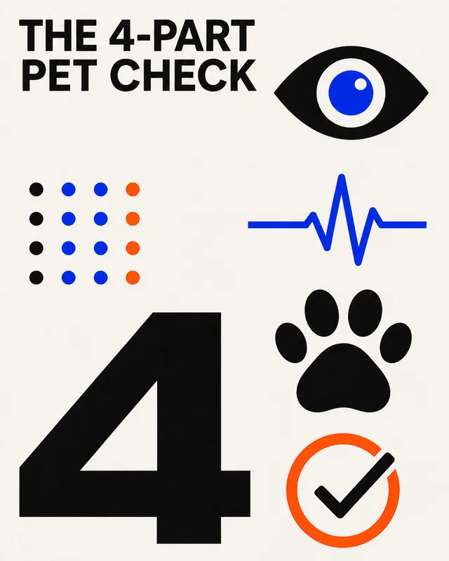 LinkedIn graphic reading “THE 4-PART
PET CHECK” over a set of minimalist pet health icons including an eye, heartbeat pulse line, paw print, and checkmark