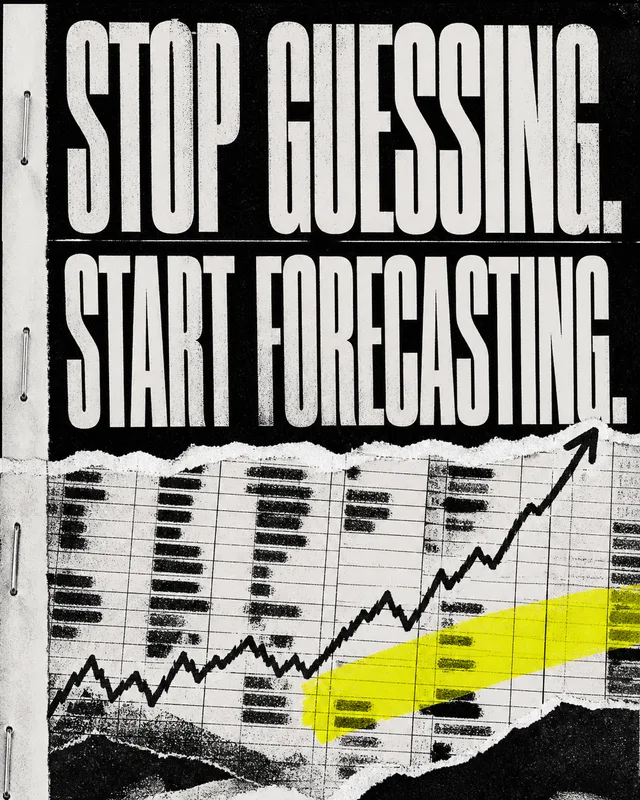 LinkedIn graphic reading “STOP GUESSING. START FORECASTING.” over a torn paper spreadsheet with an upward line graph and yellow highlighter mark