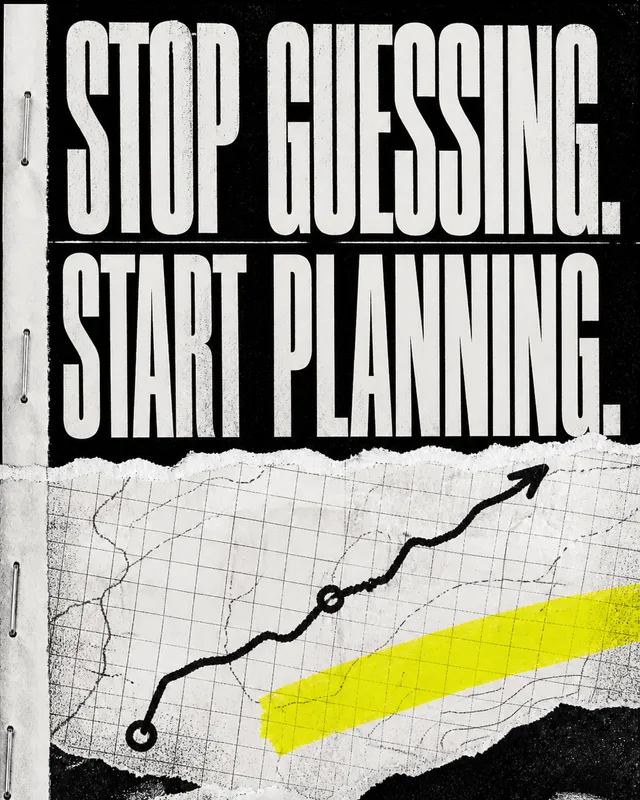 LinkedIn graphic reading “STOP GUESSING. START PLANNING.” over a torn piece of grid paper with an upward trend line and yellow tape