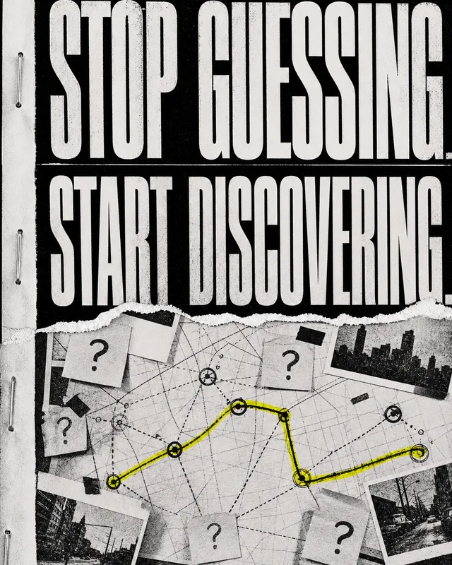 LinkedIn graphic reading “STOP GUESSING. START DISCOVERING.” over an investigation board collage with pinned notes, question marks, and a highlighted yellow path