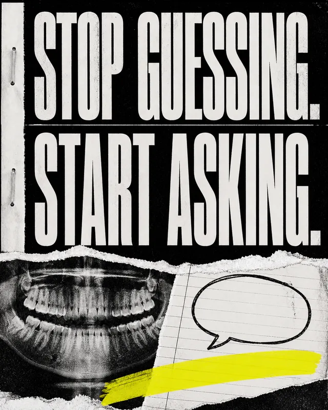 LinkedIn graphic reading “STOP GUESSING. START ASKING.” over a torn dental X-ray beside a lined paper cutout with a blank speech bubble