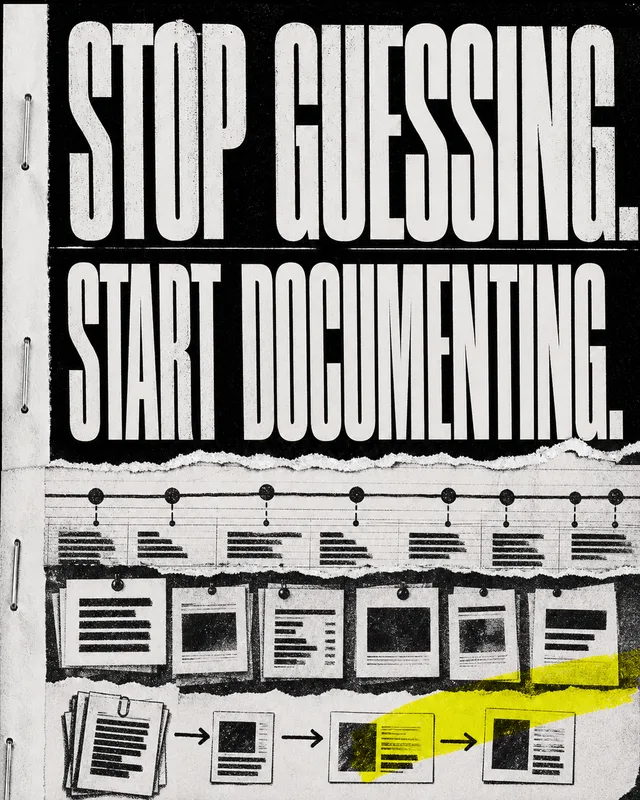LinkedIn graphic reading “STOP GUESSING. START DOCUMENTING.” over a layered collage of process documentation charts, pinned notes, and flowcharts