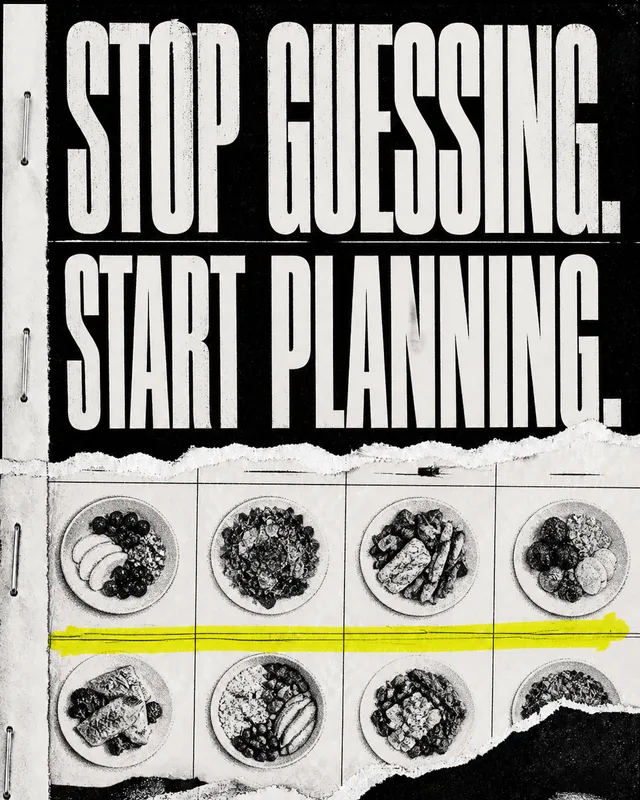 LinkedIn graphic reading “STOP GUESSING. START PLANNING.” over a grid of meal prep bowls across a planner sheet with a highlighter streak