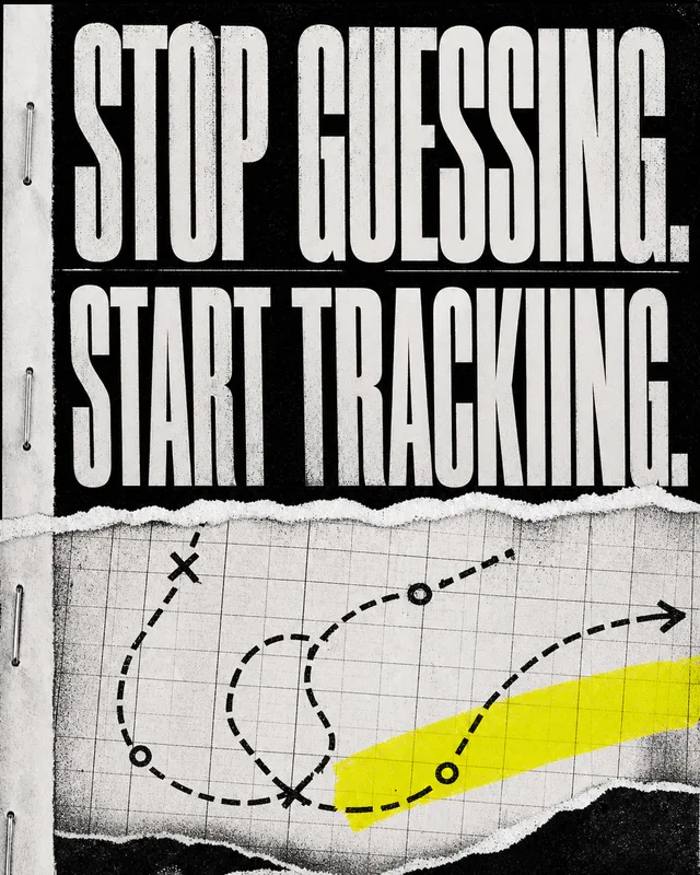 LinkedIn graphic reading “STOP GUESSING. START TRACKING.” over a torn graph paper diagram with tactical dotted lines and yellow highlighter