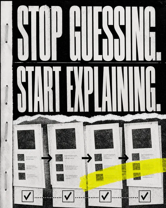 LinkedIn graphic reading “STOP GUESSING.
START EXPLAINING.” over a four-step document workflow diagram with arrows, checkmarks, and a yellow highlighter swipe