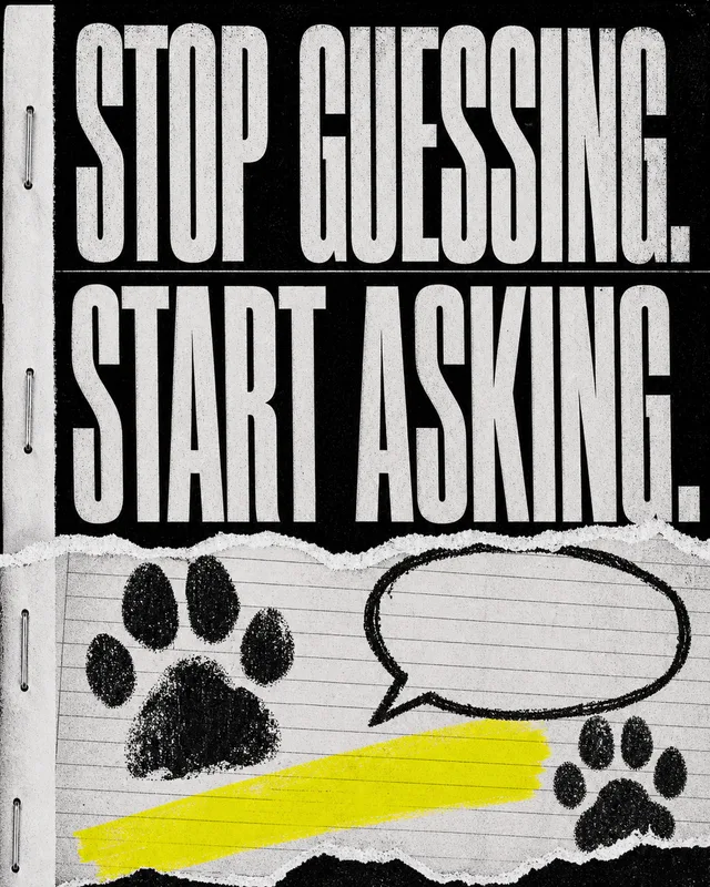 LinkedIn graphic reading “STOP GUESSING. START ASKING.” over a piece of torn notebook paper with paw prints and a hand-drawn speech bubble