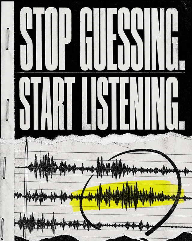 LinkedIn graphic reading “STOP GUESSING. START LISTENING.” over a torn notebook page showing audio waveforms with a yellow highlight and marker circle