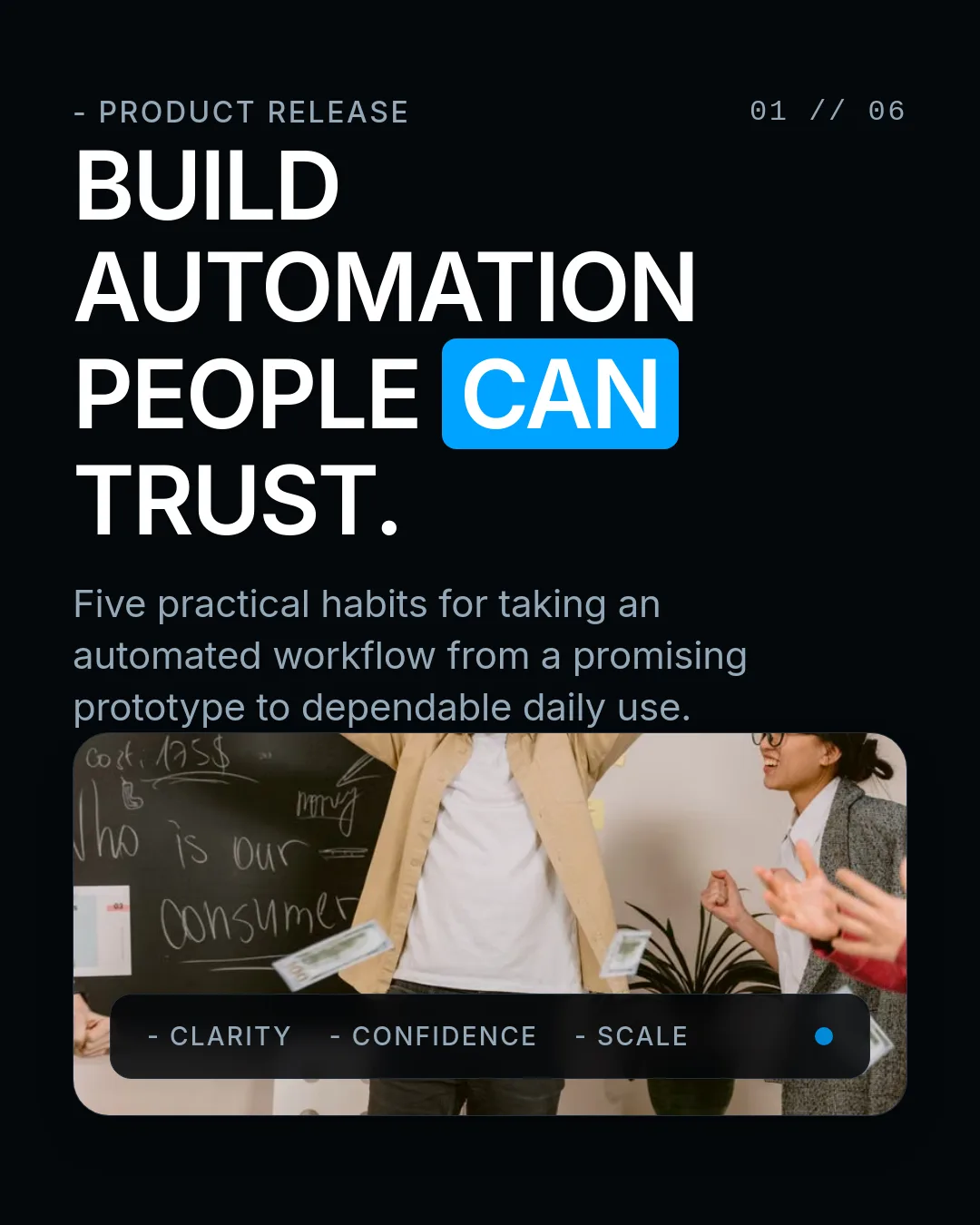 Free Electric Automation LinkedIn Carousel Template slide 1: - PRODUCT RELEASE 01 // 06 BUILD AUTOMATION PEOPLE CAN TRUST. Five practical habits for taking an automated workflow from a promising pro...