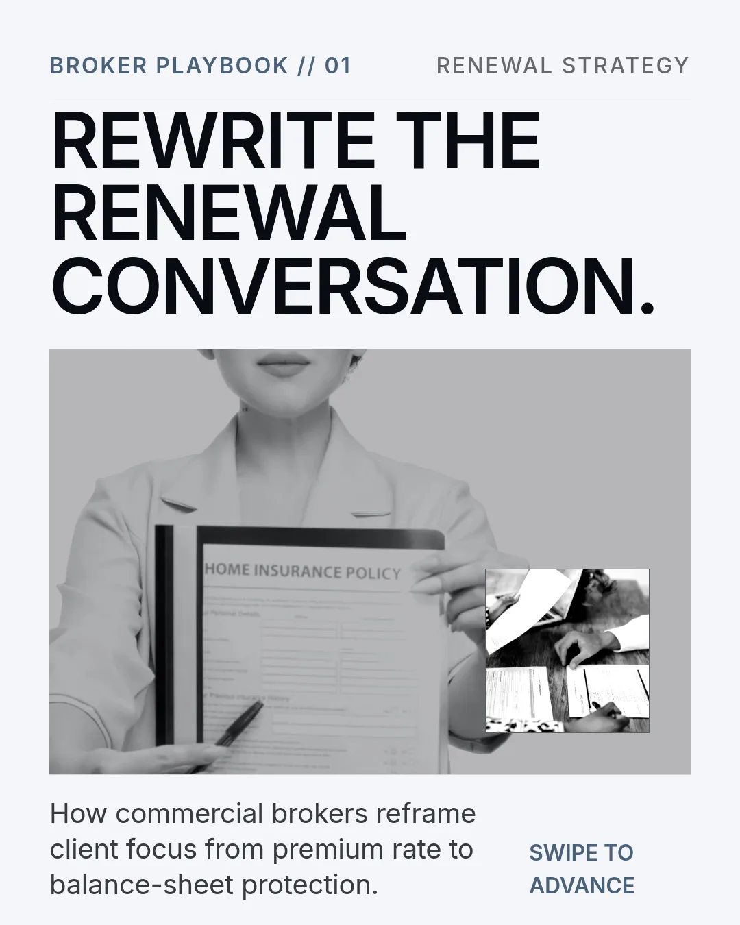 Free Studio Noir LinkedIn Carousel Template slide 1: BROKER PLAYBOOK // 01 RENEWAL STRATEGY REWRITE THE RENEWAL CONVERSATION. How commercial brokers reframe client focus from premium rate to...