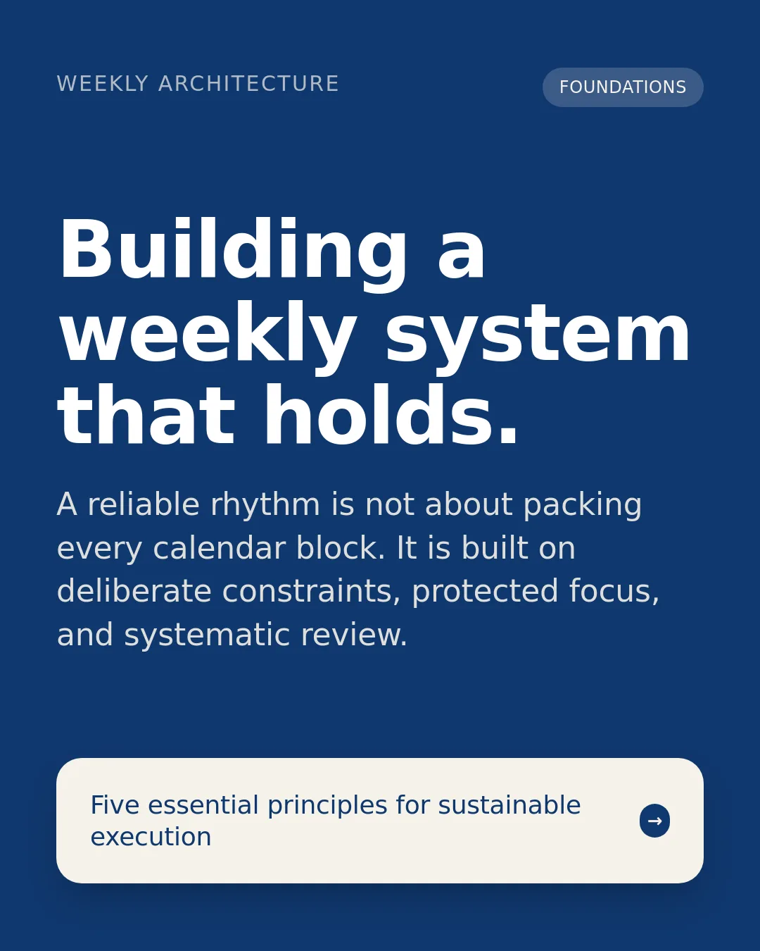Free Blue Workshop LinkedIn Carousel Template slide 1: WEEKLY ARCHITECTURE FOUNDATIONS Building a weekly system that holds. A reliable rhythm is not about packing every calendar block. It is b...