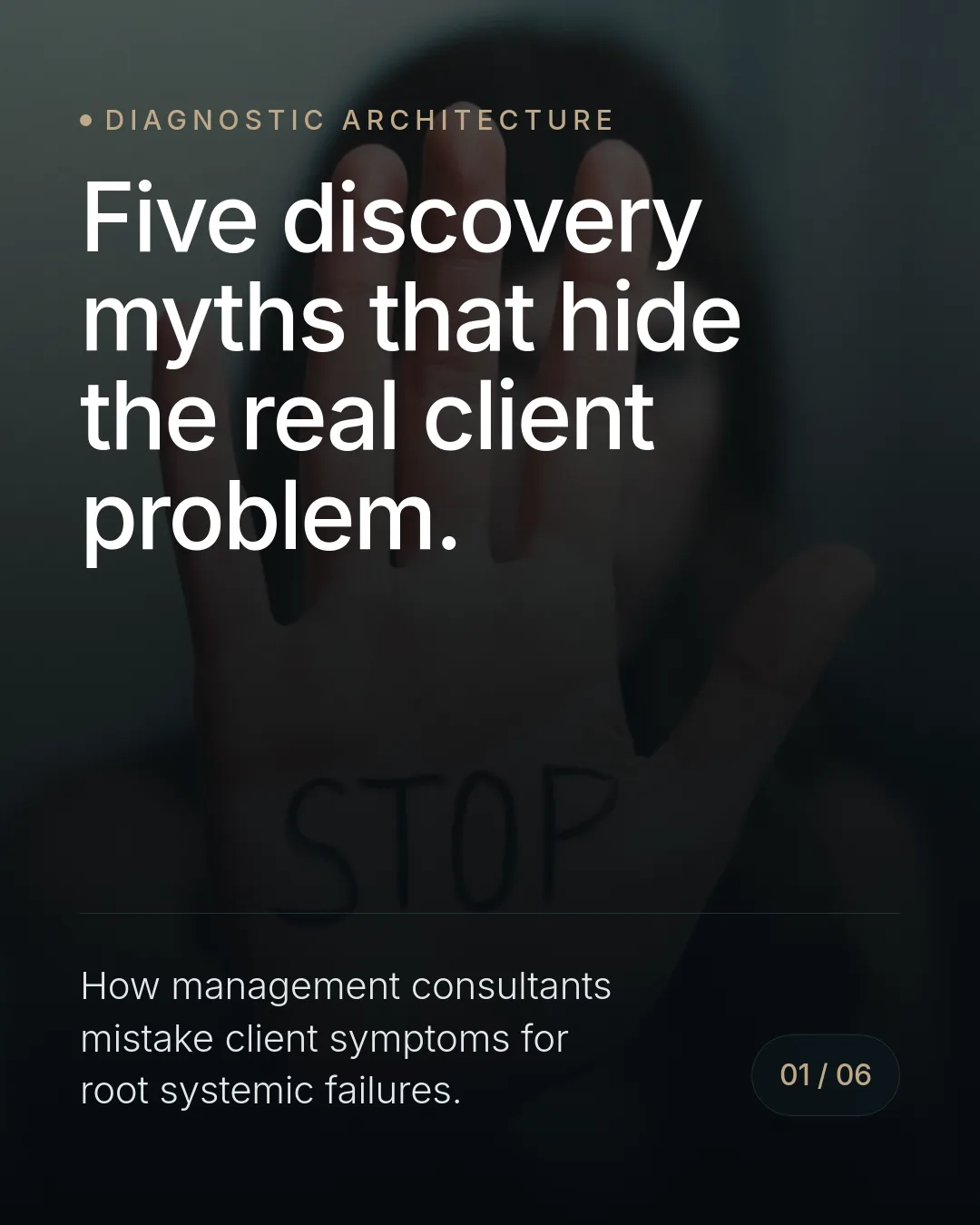 Free Botanical Chemistry LinkedIn Carousel Template slide 1: Diagnostic Architecture Five discovery myths that hide the real client problem. How management consultants mistake client symptoms for ro...