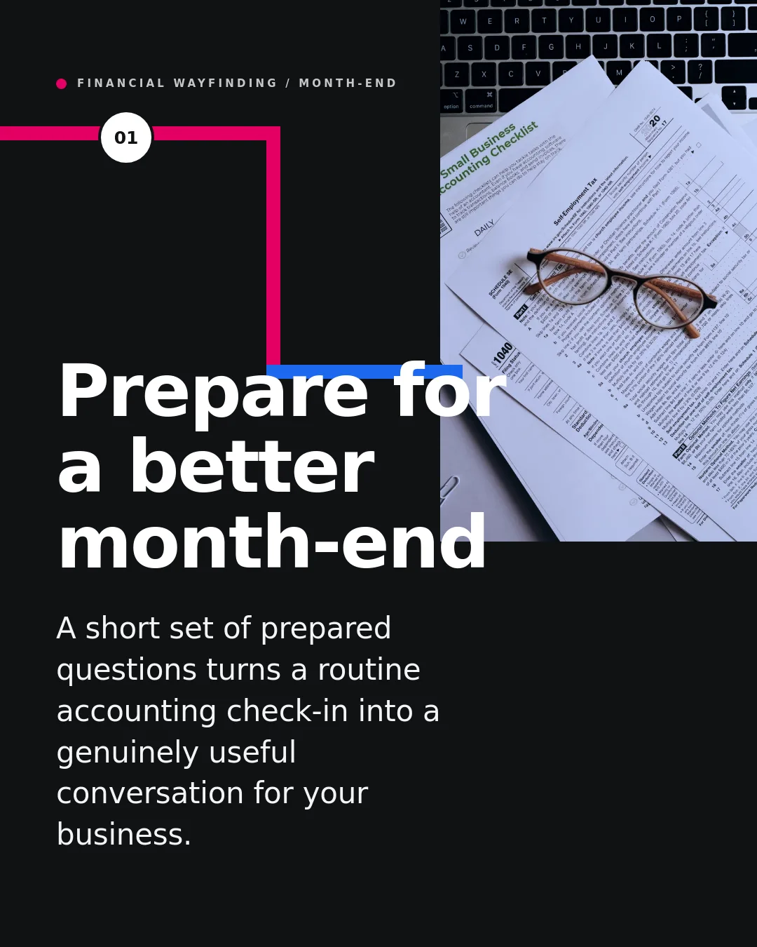 Free Transit Ribbon LinkedIn Carousel Template slide 1: 01 FINANCIAL WAYFINDING / MONTH-END Prepare for a better month-end A short set of prepared questions turns a routine accounting check-in...