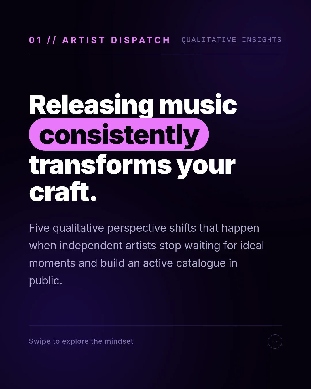 Free Violet Frequency LinkedIn Carousel Template slide 1: 01 // ARTIST DISPATCH QUALITATIVE INSIGHTS Releasing music consistently transforms your craft. Five qualitative perspective shifts that h...