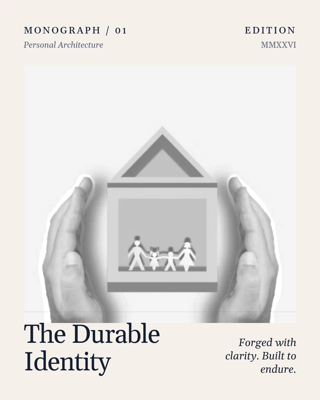 Free Navy Atelier LinkedIn Carousel Template slide 1: Monograph / 01 Personal Architecture Edition MMXXVI The Durable Identity Forged with clarity. Built to endure. Metadata label Metadata va...