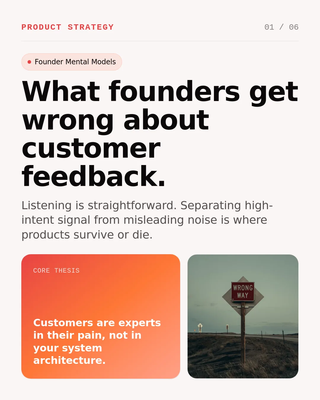 Free Apricot Pulse LinkedIn Carousel Template slide 1: Product Strategy 01 / 06 Founder Mental Models What founders get wrong about customer feedback. Listening is straightforward. Separating...