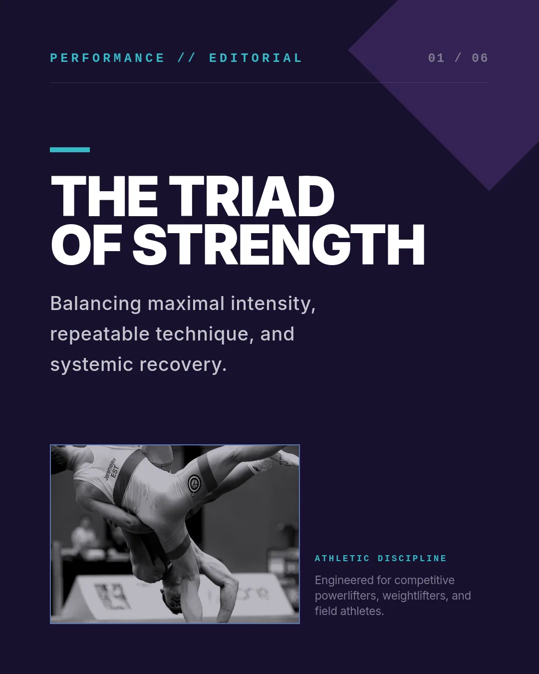 Free Amethyst Motion LinkedIn Carousel Template slide 1: PERFORMANCE // EDITORIAL 01 / 06 THE TRIAD OF STRENGTH Balancing maximal intensity, repeatable technique, and systemic recovery. ATHLETIC...