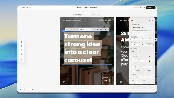 SlideDrift's editor with a text selection on a carousel slide, the inline formatting toolbar and AI text actions visible